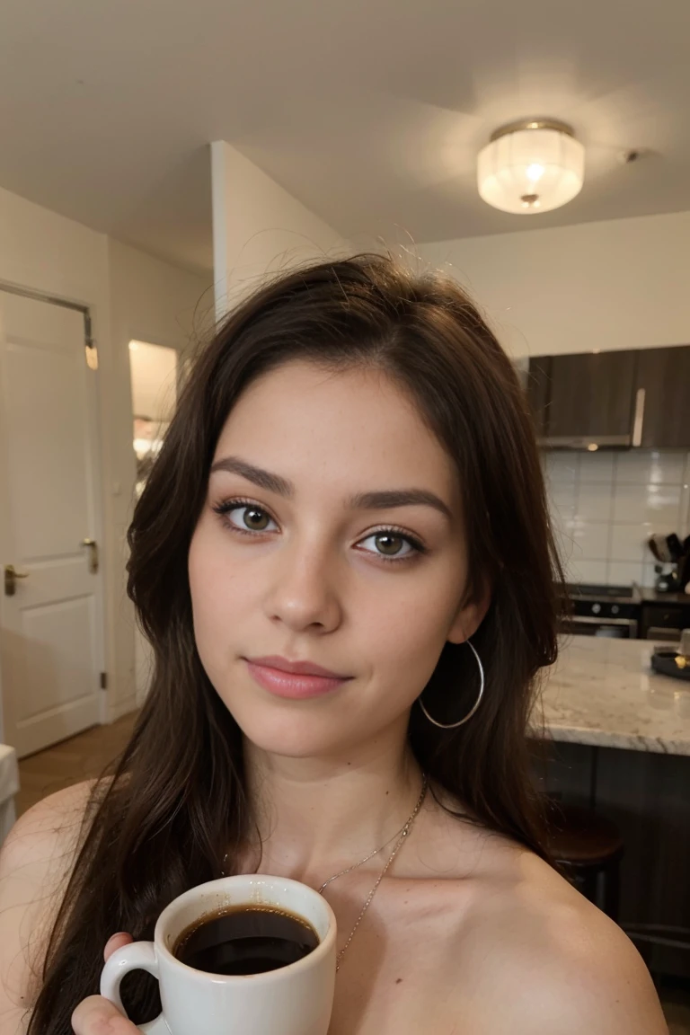 Photo d'une femme brune de 20 ans, Here's a three-nature visa, Fine lips, Yeux fins, sourcils fins, nez mince, earrings, Cils longs. She makes a joli selfie with a cup of coffee