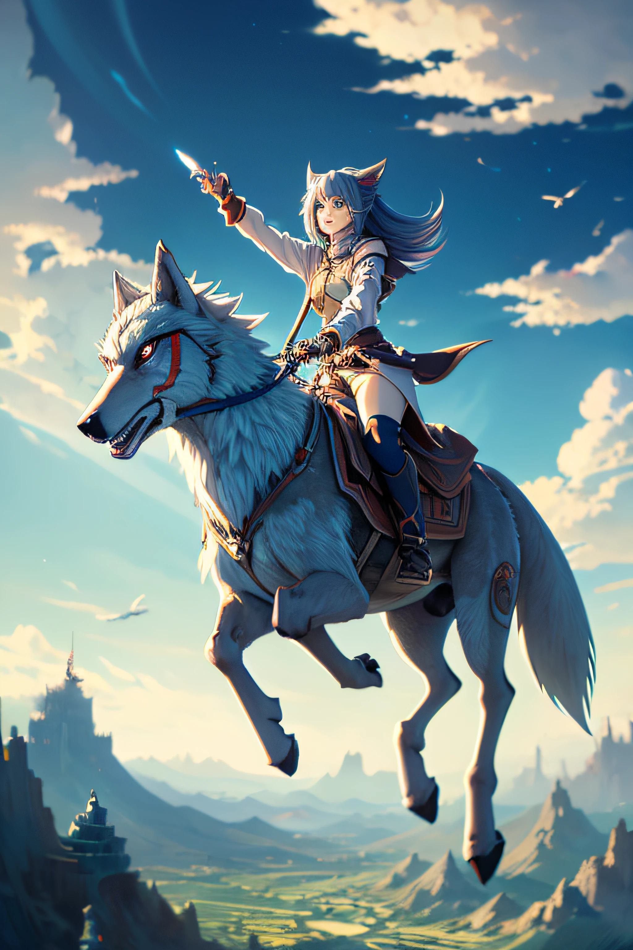 Image of woman riding wolf in mechanical style sky, riding a giant silver wolf, Official anime art, Very detailed official artwork, anime epic artwork, female anthropomorphic wolf, High quality anime art, Detailed animation key art, offcial art, cute fantasy anime, Fantasy style anime, 2. 5D CGI Anime Fantasia Art, anime art style