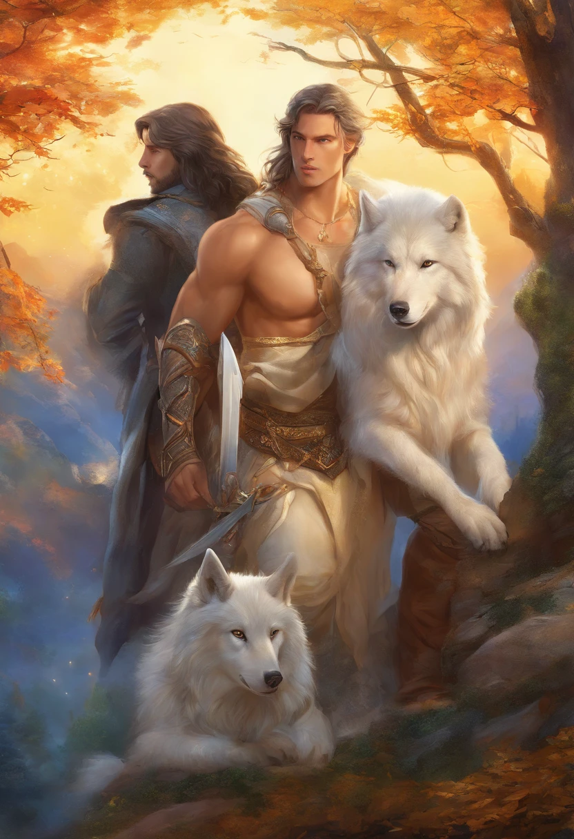 ((Masculine and strong man, stroking a white wolf)), man with a blue sapphire amulet necklace around his neck, ((long hair)),
((looking at camera)) attractive and sexy male hero,((full body shot)),
Handsome prince, sexy male, Handsome male, muscular, no shirt :: very high detail,
strong masculine features, realistic impressive handsome, beautiful body,
((in the background top medieval castle, and forest)),
Launch of the 35mm lens, Luthien, art of god, God of Greek mythology, God of the Moon, God of love and peace,
beautiful god, the god Eros, A stunning portrait of a god, Frank Kelly Freas, Karol Bak Style,
((gorgeous face)), ultra definition, better quality, 32k ultra, Ultra HD, higher contrast,
Warm and vibrant colors, Inspired by Victória Francés, Gothic beauty