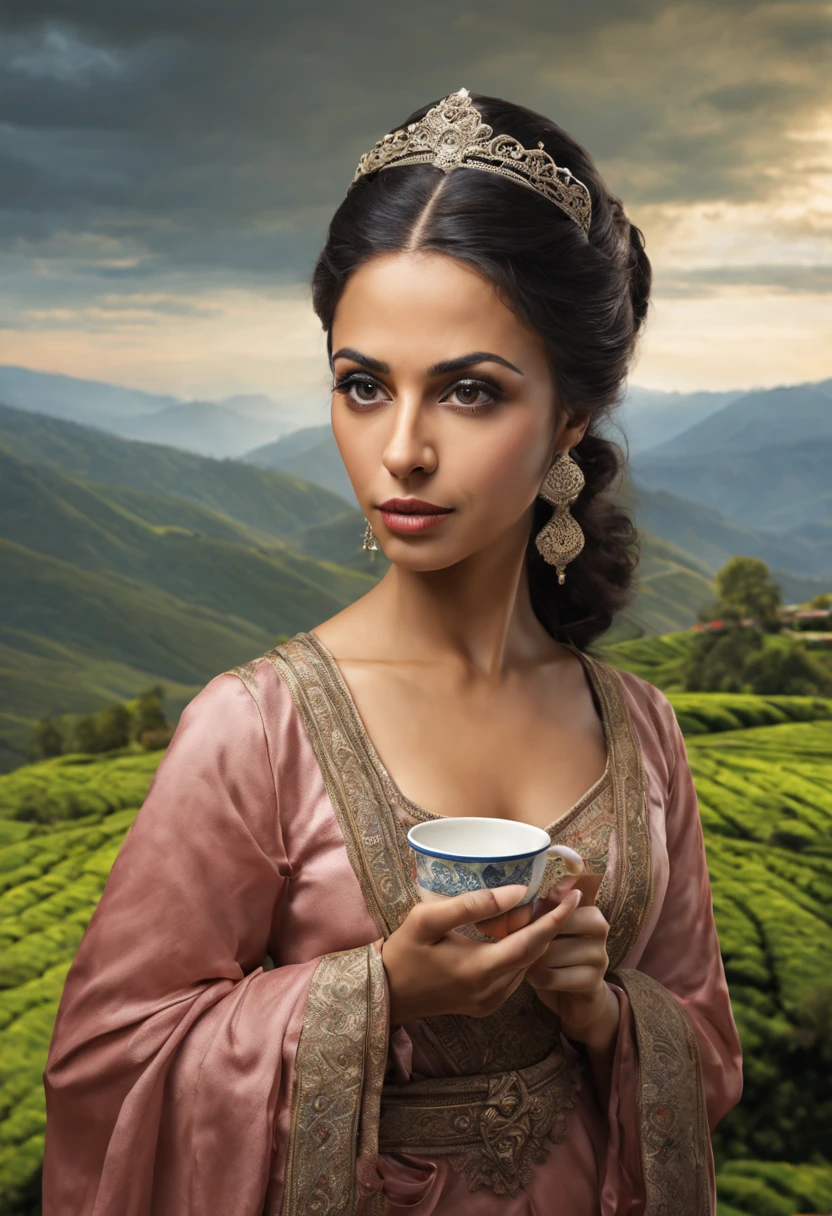 a portrait of arabic princess with a cup of tea, darjeeling mountains and tea plantations in the background, photorealistic, dramatic sky, masterpiece
