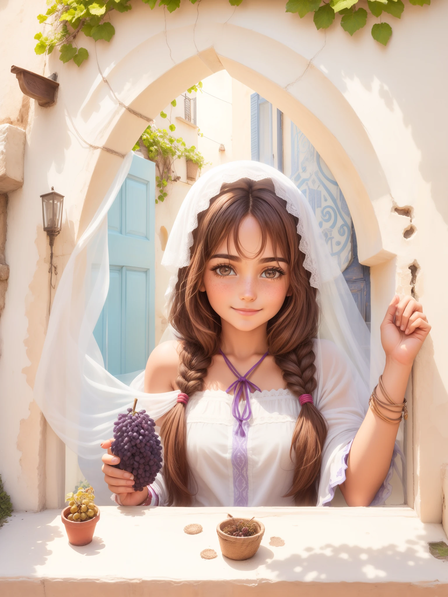 a grape juice store in a window , a window in a mediterranean house,(( brown hair )) happy smiling  gipsy girl selling grape juice from a window in a mediterranean house, street store, old wall with grape tree branches and cracks (( upper body, close up )) long hair joyfull attractive sfw gipsy women facing the camera