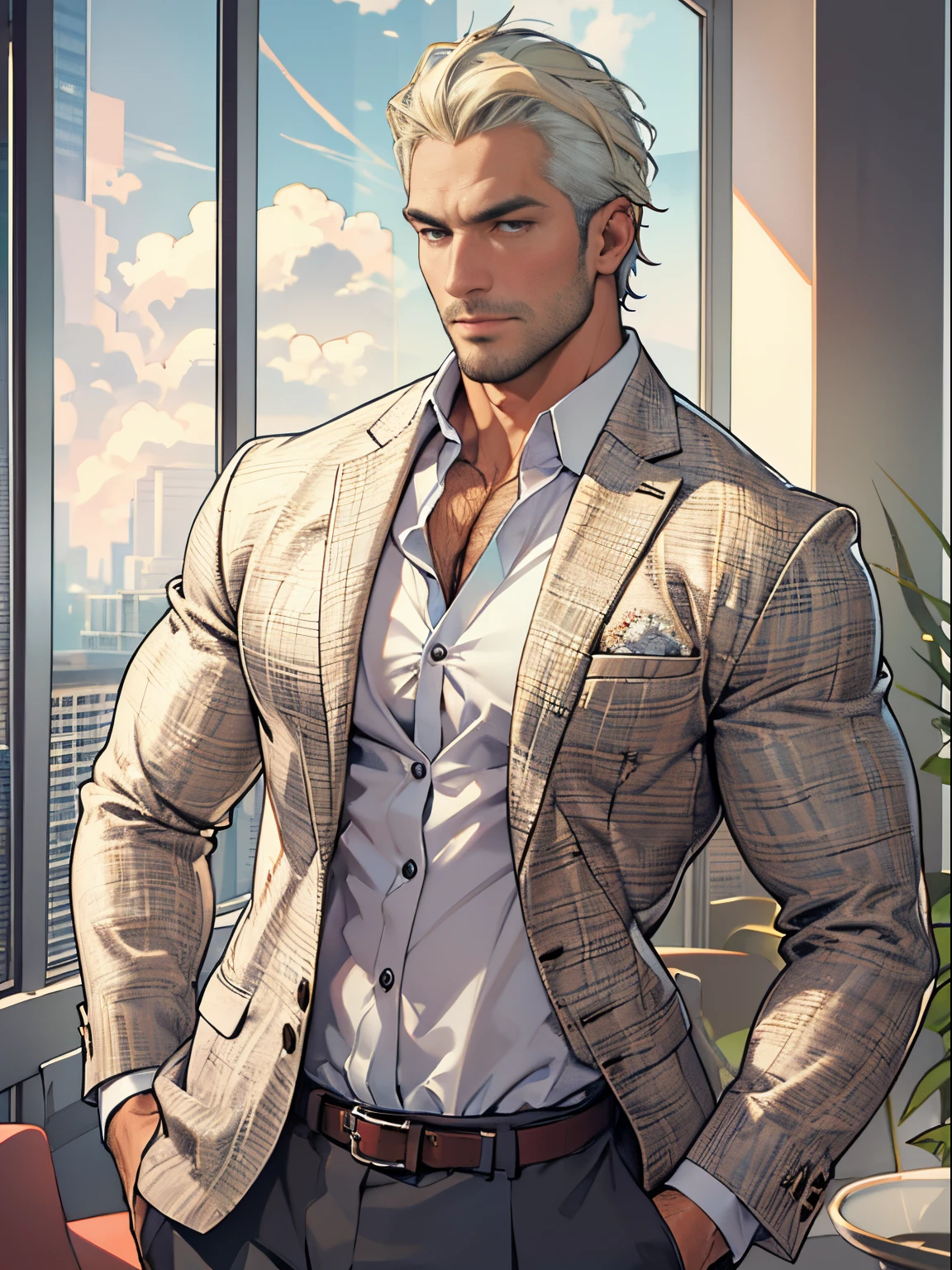 distinguished gentleman in a suit, light-colored hair, chest revealed, bare chest, pec muscles, buttons open, mature, stubble, CEO in a penthouse skyline view, confident posture, muscular, revealing clothes