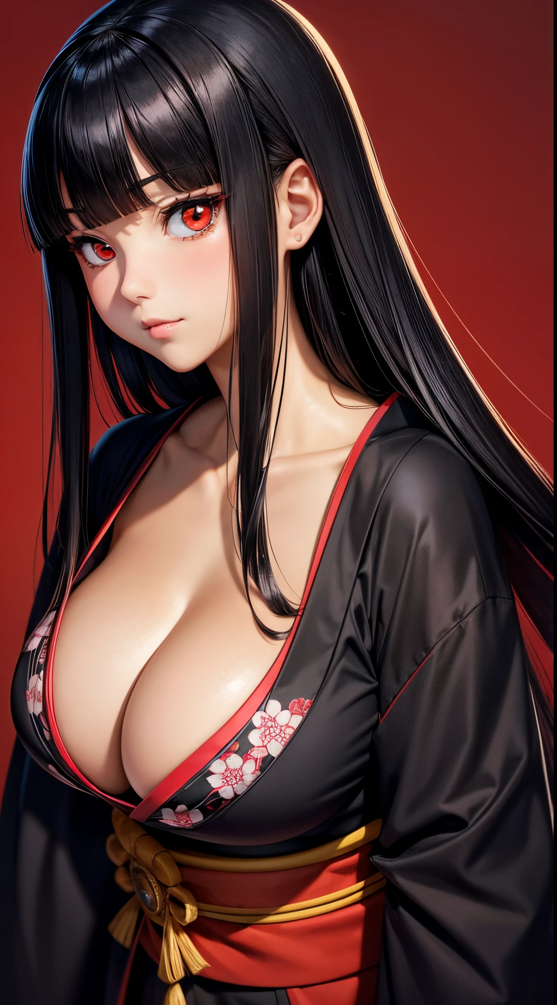 ((Best Quality)), ((masutepiece)), (Detailed), Perfect face　A detailed face　younggirl　cleavage of the breast　red eyes　long, thick black hair　 Blunt bangs　Solid background color　Stand and pose　wear kimono