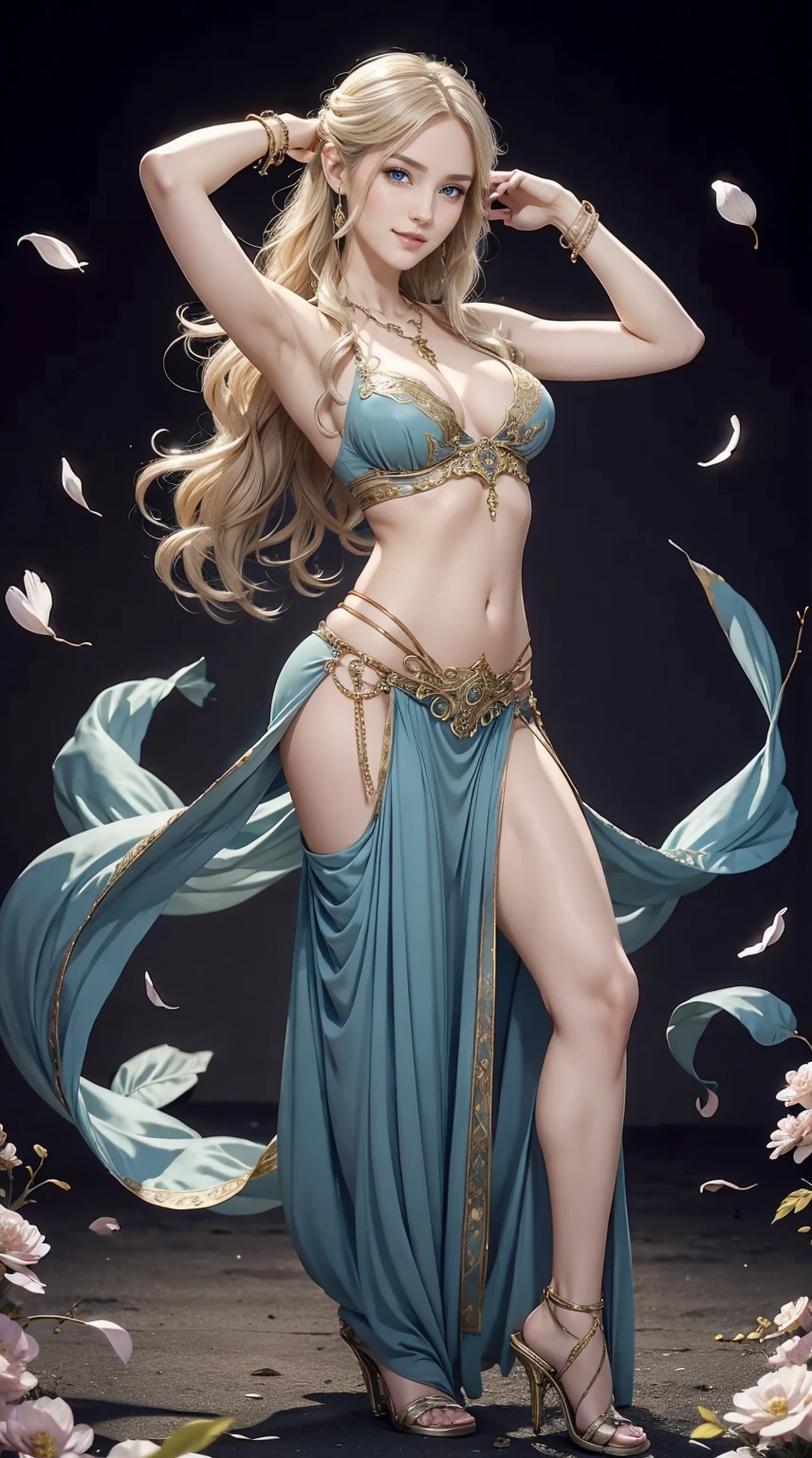 25-year-old Caucasian woman、ash blonde、blue eyess、Semi-long、setting hair、I'm tying my hair、My hair is wavy、Slender but thin macho、accessories on the wrist、wearing a chain necklace、Beautiful breasts、a smile、I need space above my head、wearing an ornate belly dance costume、Wearing high heels、background art nouveau、A lot of petals are dancing