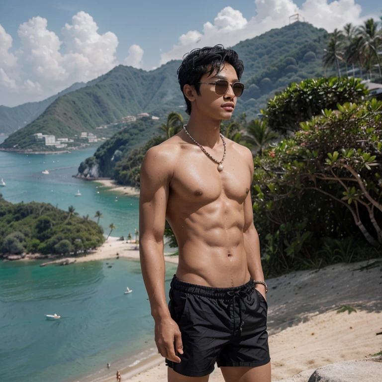 18 year old Thai guy with black middle short wavy hair. Shirtless with a slim body but no abbs, with swim shorts, Prada sunglasses and a pearl necklace. He  standing in side profile on an exotic hill in the background a typically Thai seaview with no buildings only a beach a palm tree forest and a sail yacht