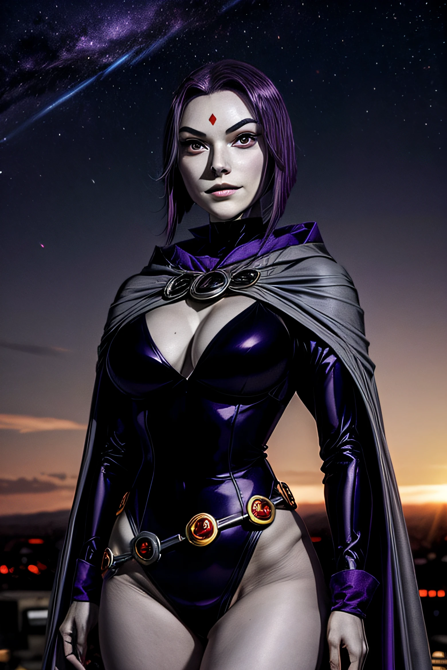 RavenTT, short hair, purple hair, purple eyes, red jewel in forehead, (grey skin:1.4), blue cloak,black leotard,long sleeves, belt , purple balls of light in hands, smile, wide hips, smooth skin, thick thighs, hovering in the sky, dark orange sunset, big city