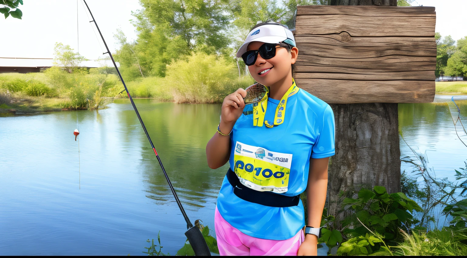 woman with sunglasses and fishing equipment in a fishing pond