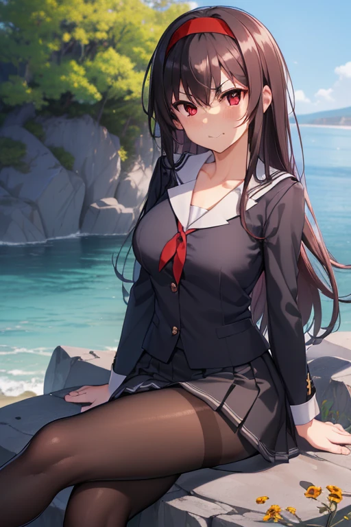 best quality, high resolution, unity 8k wallpaper, (illustration:0.8), (beautiful detailed eyes:1.6), extremely detailed face, perfect lighting, extremely detailed CG, (perfect hands, perfect anatomy), kasumigaokautaha, ((full body)), ((full pose)), ((slim body)), ((perfect body)), ((slim legs)), utaha kasumigaoka, black hair, hairband, long hair, (red eyes:1.5), masterpiece, best quality, highres, kasumigaoka utaha, 1girl, solo, ((sitting on rock:1.4)), ((crossed legs:1.5)), ((finger on moutch)), medium breasts, blushing, black hair, hairband, red eyes, ((white hairband:1.4)), bangs, medium breasts, blushing, ((smug face:1.4)), cowboy shot, ((looking at viever)), long sleeves, school uniform, skirt, ((black pantyhose:1.4)), ((black loafers:1.4)), ((view from bellow:1.5)), park background, ((sunny day:1.4))