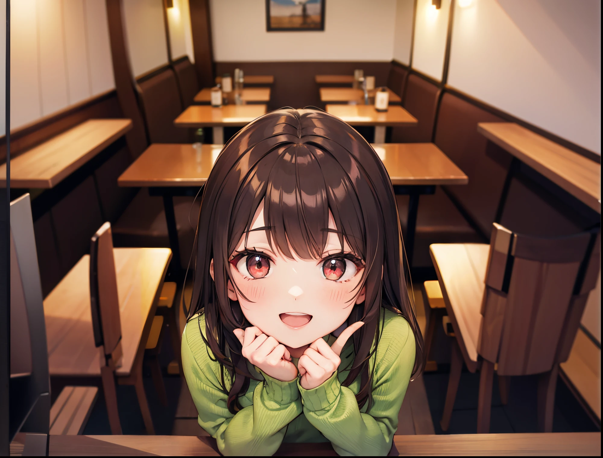 The background is a restaurant、The table、a chair