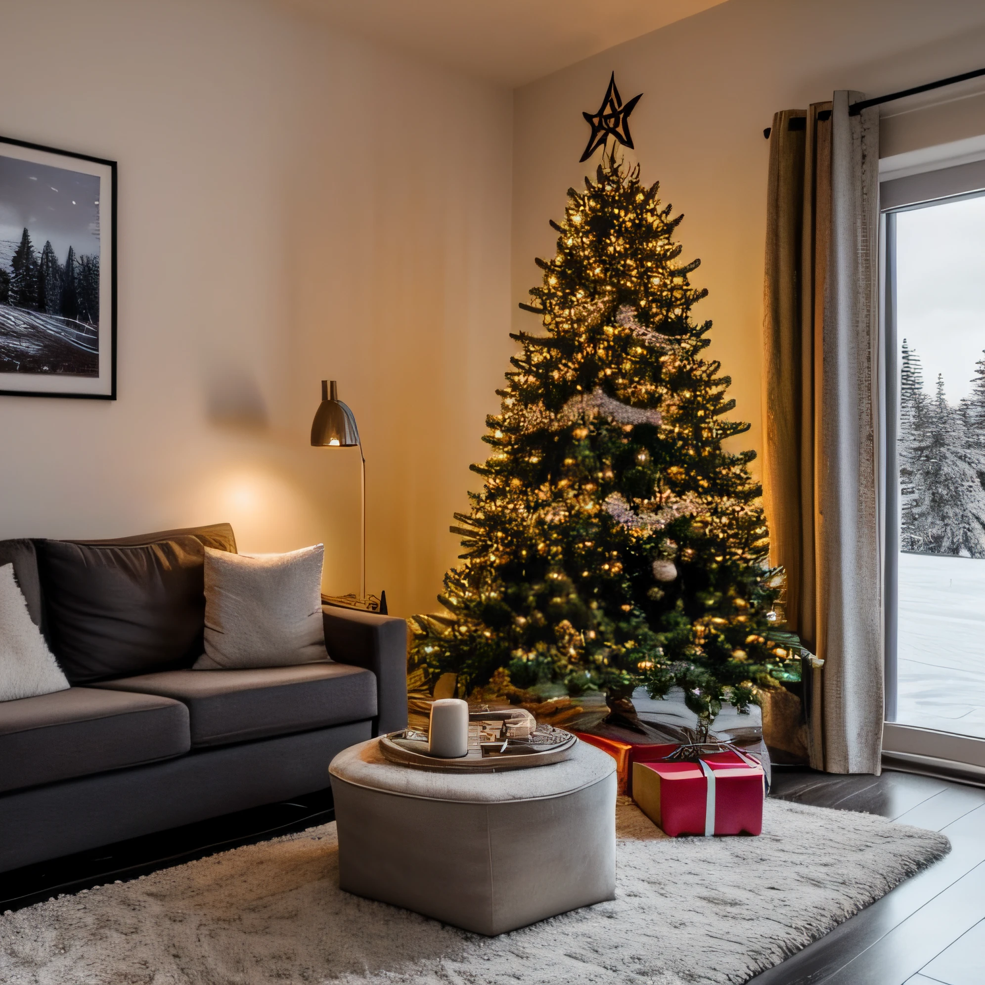 natrual living room, christmas tree in the corner, snowy evening, cozy place, 20 megapixel, canon eos r3, detailed, high resolution