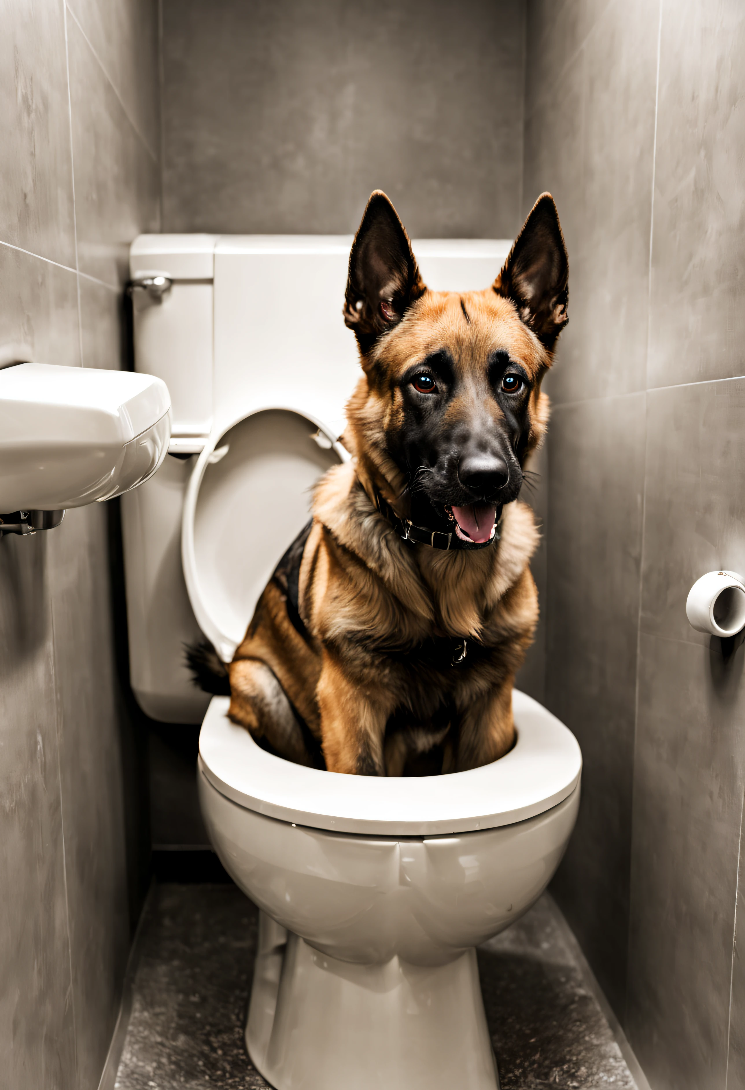 Chien Malinois mignon et heureux, assit sur des toilettes, en train de lire un journal