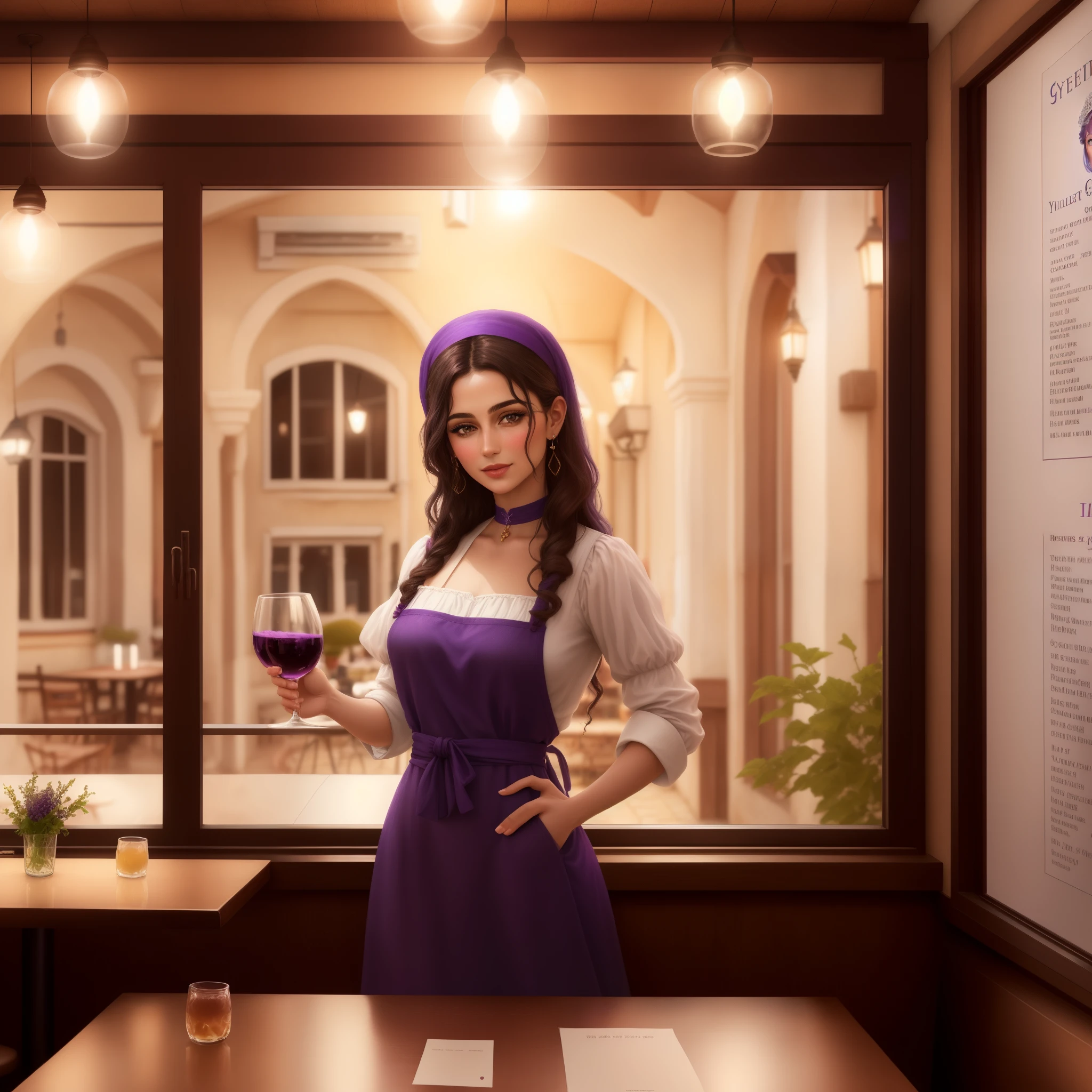 a poster of attractive gypsy girl  selling grape juice from a mediterranean house window ,a cartoon of a girl holding a glass of grape juice in front of a menu, restaurant menu photo, , restaurant, cuisine, the greek god of wine, screencapture,  illustration, standing in a restaurant, drawn image, serving suggestion, !!posing_as_last_supper, entertaining, violet colored theme,