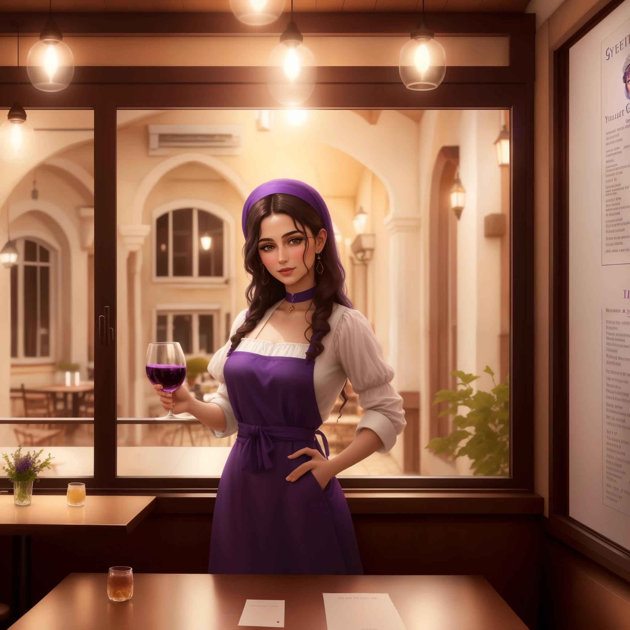 a poster of attractive gypsy girl selling grape juice from a mediterranean house window ,a cartoon of a girl holding a glass of grape juice in front of a menu, restaurant menu photo, , restaurant, cuisine, the greek god of wine, screencapture, illustration, standing in a restaurant, drawn image, serving suggestion, !!posing_as_last_supper, entertaining, violet colored theme,