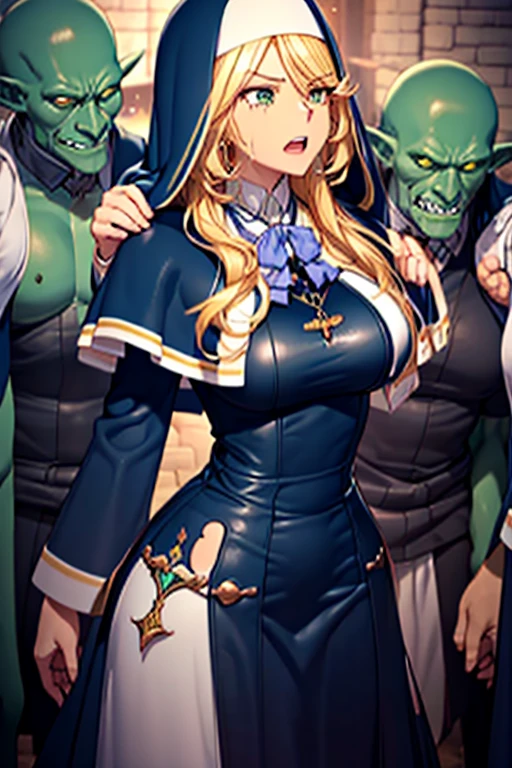 goblin, monster, green skin, grin, An injured female nun surrounded and attacked by multiple goblins during a battle, best quality,Amazing,finely detail,extremely detailed CG unity 8k wallpaper,1girl, goblin gangbang ,multiple boys, multiple penises, hetero, vaginal penis,fellatio,handjob,standing, doggystyle, medium breasts, (torn clothes:1.3), one eye closed,(tears:1.2), open mouth, best quality,ultra-detailed,unity 8k wallpaper,game cg, ahegao, poses, kiss, kissing, french kiss, hugging, masterpiece, best quality, highres, 1girl sharon holygrail, nun capelet blue dress long sleeves long skirt blue skirt necklace earrings purple bowtie sharon holygrail, nun capelet blue dress long sleeves long skirt blue skirt necklace earrings purple bowtie