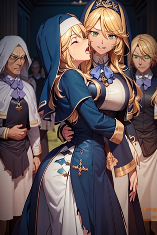 goblin, monster, green skin, grin, An injured female nun surrounded and attacked by multiple goblins during a battle, best quality,Amazing,finely detail,extremely detailed CG unity 8k wallpaper,1girl, goblin gangbang ,multiple boys, multiple penises, hetero, vaginal penis,fellatio,handjob,standing, doggystyle, medium breasts, (torn clothes:1.3), one eye closed,(tears:1.2), open mouth, best quality,ultra-detailed,unity 8k wallpaper,game cg, ahegao, poses, kiss, kissing, french kiss, hugging, masterpiece, best quality, highres, 1girl sharon holygrail, nun capelet blue dress long sleeves long skirt blue skirt necklace earrings purple bowtie sharon holygrail, nun capelet blue dress long sleeves long skirt blue skirt necklace earrings purple bowtie