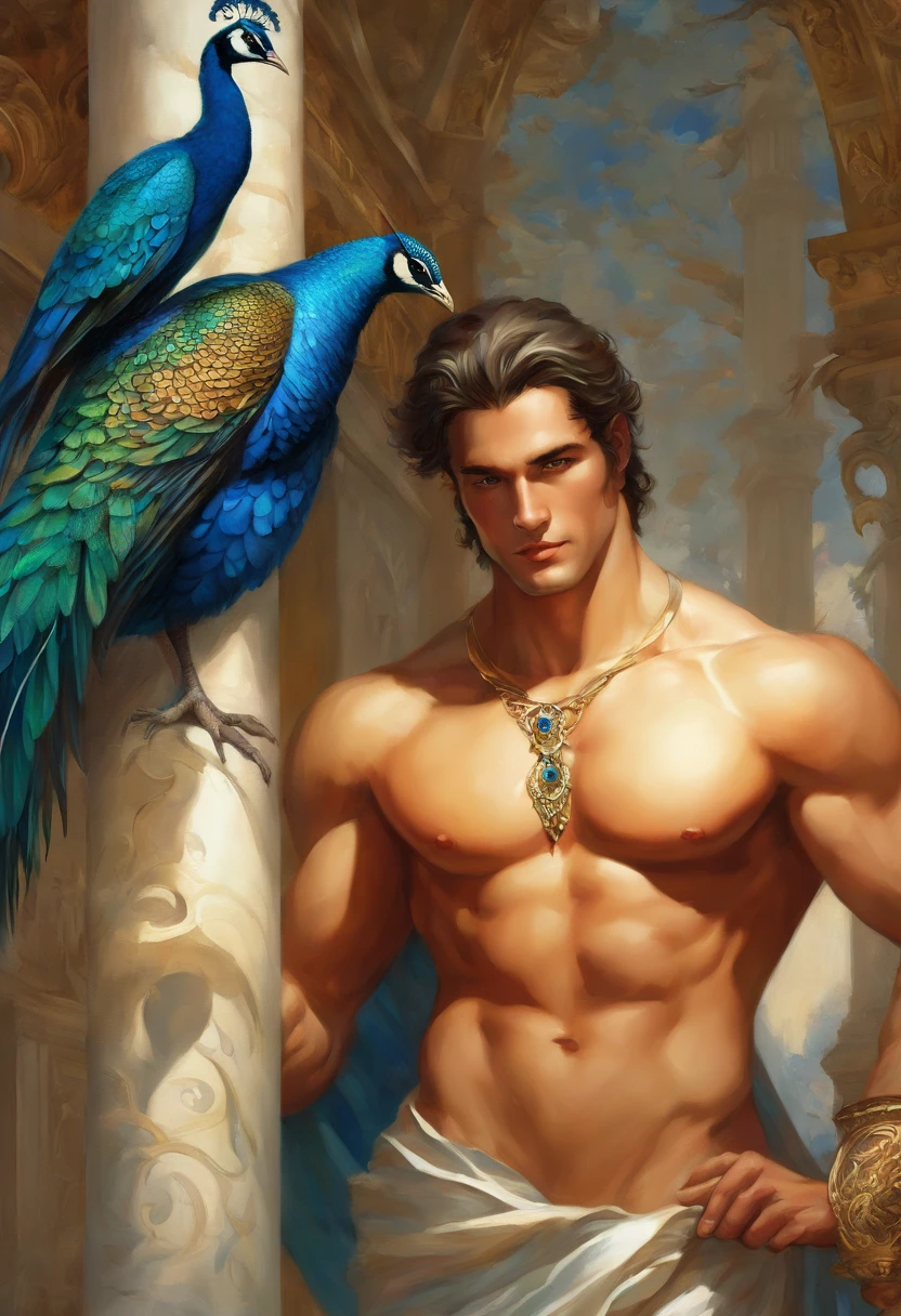 ((Strong, handsome man)), ((with a peacock on a Greek column))), with a necklace,((blue eyes)), ((Long Hair)), muscular hero,
attractive, half shot of a hunky, handsome prince, heroic male pose, sexy male, handsome male, muscular male,
no shirt,:: very high detail, strong masculine features, masculine and strong, handsome impressive realistic,
beautiful body, ((in the background garden of Versailles, in France)), Launch of the 35mm lens, God of the Sea, God of the Ocean,
Luthien, god art, God of Greek mythology, God of the Moon, God of love and peace, beautiful god,
Mythology of the Earth God, the god Eros, A Stunning Portrait of a God, Frank Kelly Freas, Karol Bak Style,
((gorgeous face)), ultra definition, better quality, 32k ultra, Ultra HD, higher contrast,
Warm and vibrant colors, Inspired by French victória, Gothic beauty