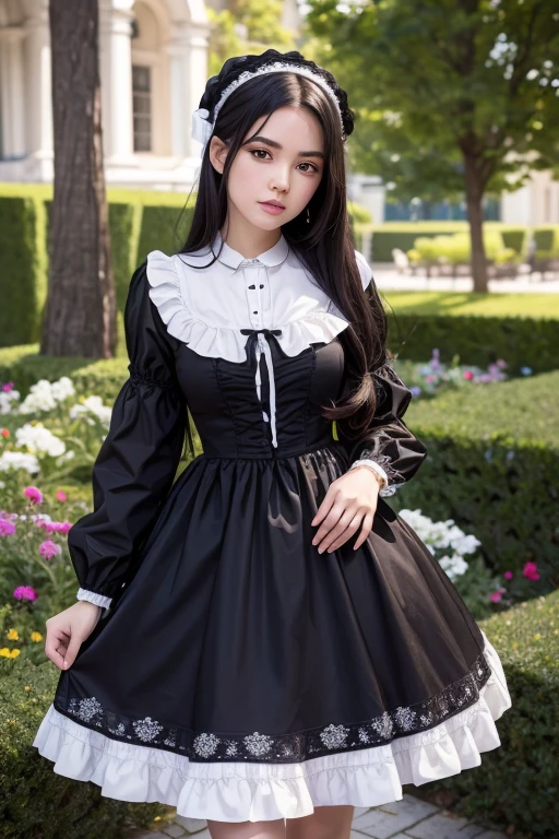 (masterpiece, best quality, high resolution, high detail, distinct image:1. 2), 1girl, solo, solo focus, (ta:1. 2), long black hair, standing, in castle garden, looking at viewer, hand on hip, loliress, white socks, 16k, UHD, HDR, (Masterpiece:1. 5), (best quality:1. 5)