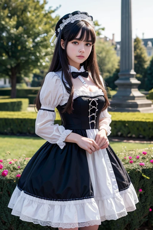 (masterpiece, best quality, high resolution, high detail, distinct image:1. 2), 1girl, solo, solo focus, (lolita:1. 2), long black hair, standing, in castle garden, looking at viewer, hand on hip, lolita_dress, white socks, 16k, UHD, HDR, (Masterpiece:1. 5), (best quality:1. 5)
