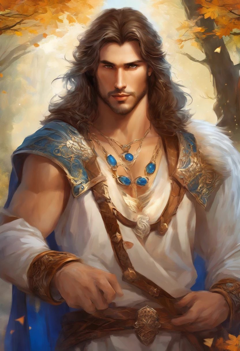 ((Masculine and strong man, stroking a white wolf)), man with a blue sapphire amulet necklace around his neck, ((long hair)), ((looking at camera)) attractive and sexy male hero,((full body shot)), Handsome prince, sexy male, Handsome male, muscular, no shirt :: very high detail, strong masculine features, realistic impressive handsome, beautiful body, ((in the background top medieval castle, and forest)), Launch of the 35mm lens, Luthien, art of god, God of Greek mythology, God of the Moon, God of love and peace, beautiful god, the god Eros, A stunning portrait of a god, Frank Kelly Freas, Karol Bak Style, ((gorgeous face)), ultra definition, better quality, 32k ultra, Ultra HD, higher contrast, Warm and vibrant colors, Inspired by Victória Francés, Gothic beauty