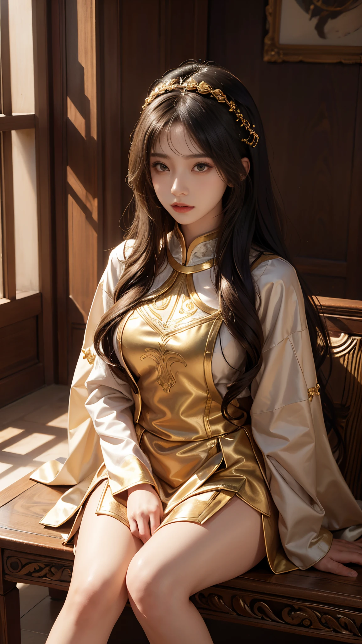model shoot, (1 girl), long hair, Islamic warrior, golden outfit, laces, shining:1.5, hyper realistic, super detailed, Dynamic shot, masterpiece, scene sharp détails, perfect eyes, perfect skin, perfect hands, sitting,