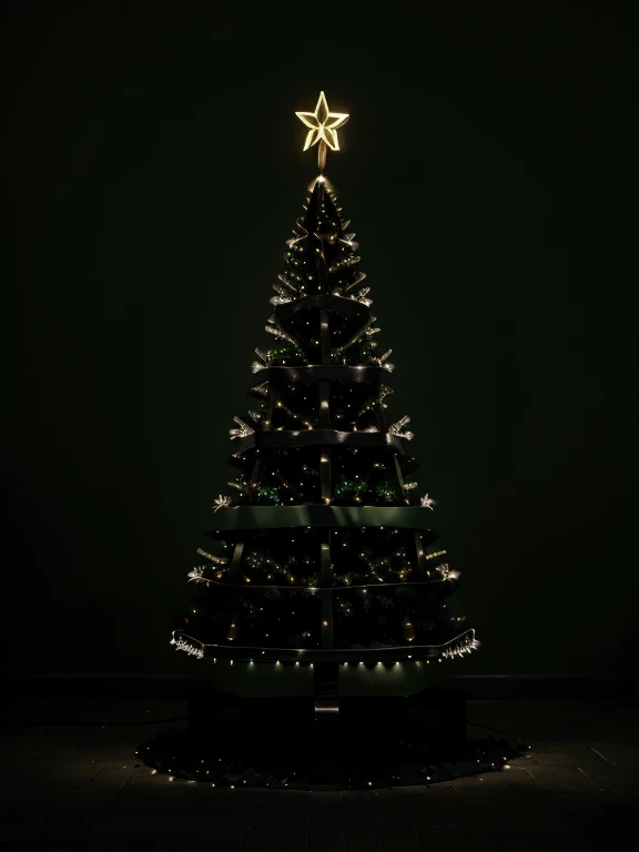 Christmas tree made of lumps of coal, lights and baubles, dark green background