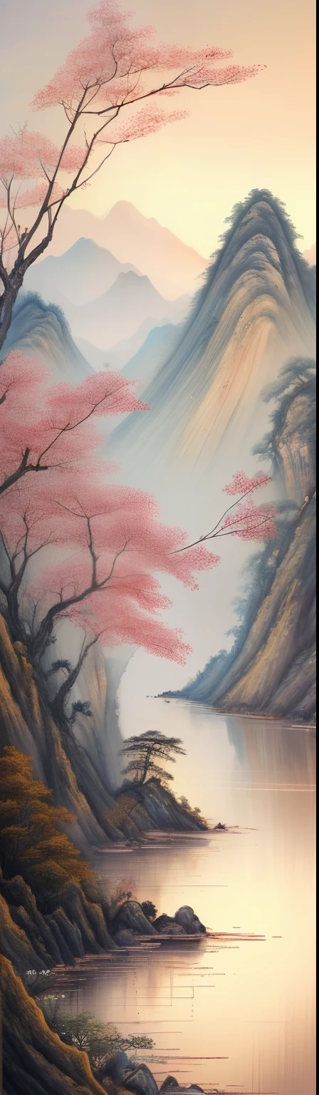 A fan painting with a Chinese landscape painting as a background，chinese painting style，Flowing silk，Tassel decoration，（tmasterpiece，high high quality，Highest image quality），Chinese classical culture and art，Watercolor blending，Still life close-up of a round fan，ancient chinese fan，folding fan，Openwork art，Hot stamping strokes，wealthy，Noble，China-style，National style beauty，The background  the scenery of great rivers and mountains among auspicious cloudeautiful rainbows，Ink blending，Oriental aestheticagnificent and majestic momentum，Auspicious and festive meaning，Fresh and elegant atmosphere，otherworldly atmosphere，Stunning graphics，Sophisticated details，Large commercial advertising style，Classical Chinese art，high-definition image，16k，Front Shooting，Center composition，Symmetrical，Background bokeh，Deep view，OC rendering，Breathtakingly beautiful，majestic beauty，Quiet and elegant art，HD digital art，Gorgeous and exquisite illustrations，Chinese elements，The perfect combination of fantasy and reality，Rich picture layering，light painting blooming，light particle rendering，hyper realisitc，Bright, romantic and beautiful light，soft warm light，beautiful art，Ultra HD 8K，amazing beautiful wallpaperackground artwork，8K detailed painting， 16k high definition wallpaper illustration，high detailed digital art