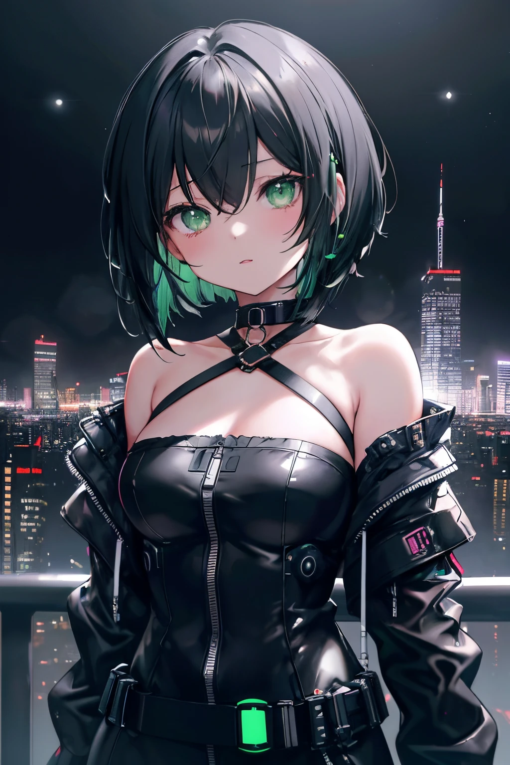 high-level image quality、　((masuter piece))、　short bangla hair short bob、Kawaii Girl、Green eyes、Choker around the neck、Very cute girl, Dark color effect, Bust-up shot, Virtual Worlds,  overlooking the city from a skyscraper, Cyberpunk, Future, Metaverse, Parallel Universe, Particle mechanics, neons, Night view, Dynamic Pose,