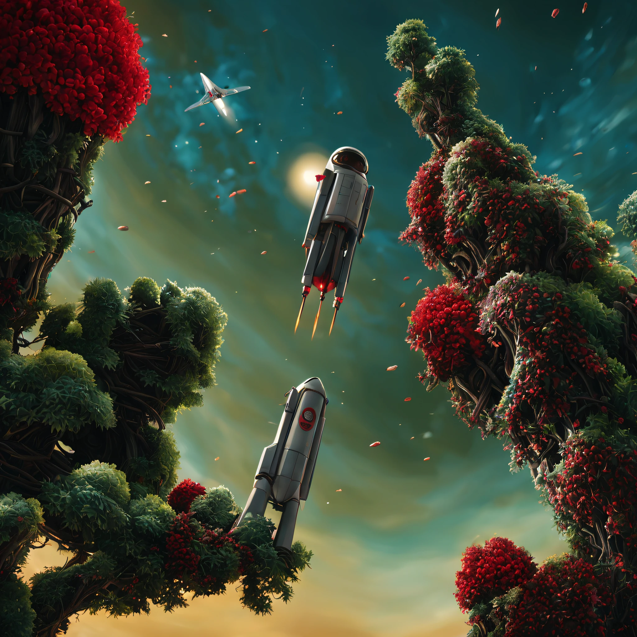 create a digital matte painting for a giant forest of a sci-fi movie set with giant skyscrapers next to the forest trees ,in the sky of this illustration, a male astronaut in a white uniform flies with the suitpac rocket on his back and flies low near the ground, close-up of a field of red flower buds on the green grass ground on the way to the big metropolis against the background of a blue sky