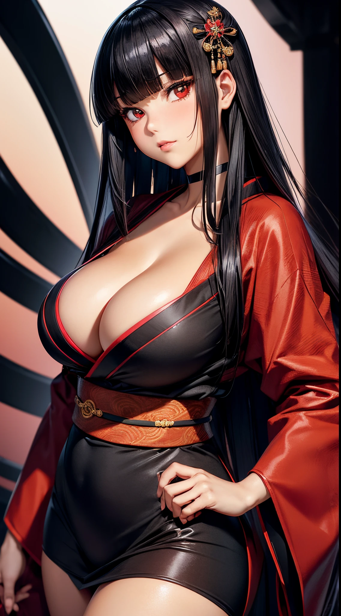 ((Best Quality)), ((masutepiece)), (Detailed), Perfect face　A detailed face　younggirl　cleavage of the breast　red eyes　long, thick black hair　 Blunt bangs　Solid background color　Stand and pose　wear kimono