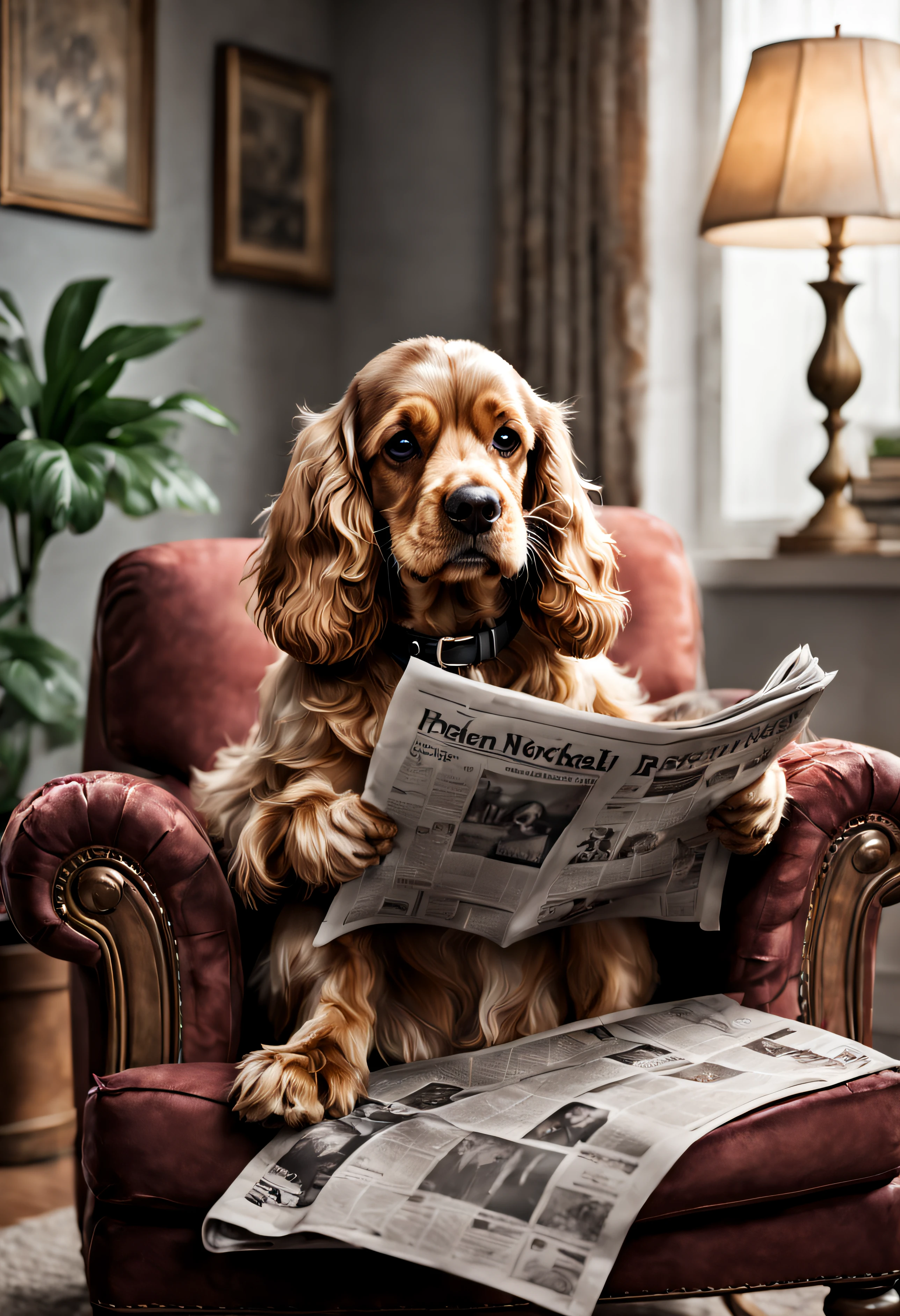 adorable chien cocker heureux, lire un journal, assis dans un fauteuil confortable,illustration,Ultra-detailed,realistic lighting,Couleurs vives,ambiance d&#39;éclairage doux