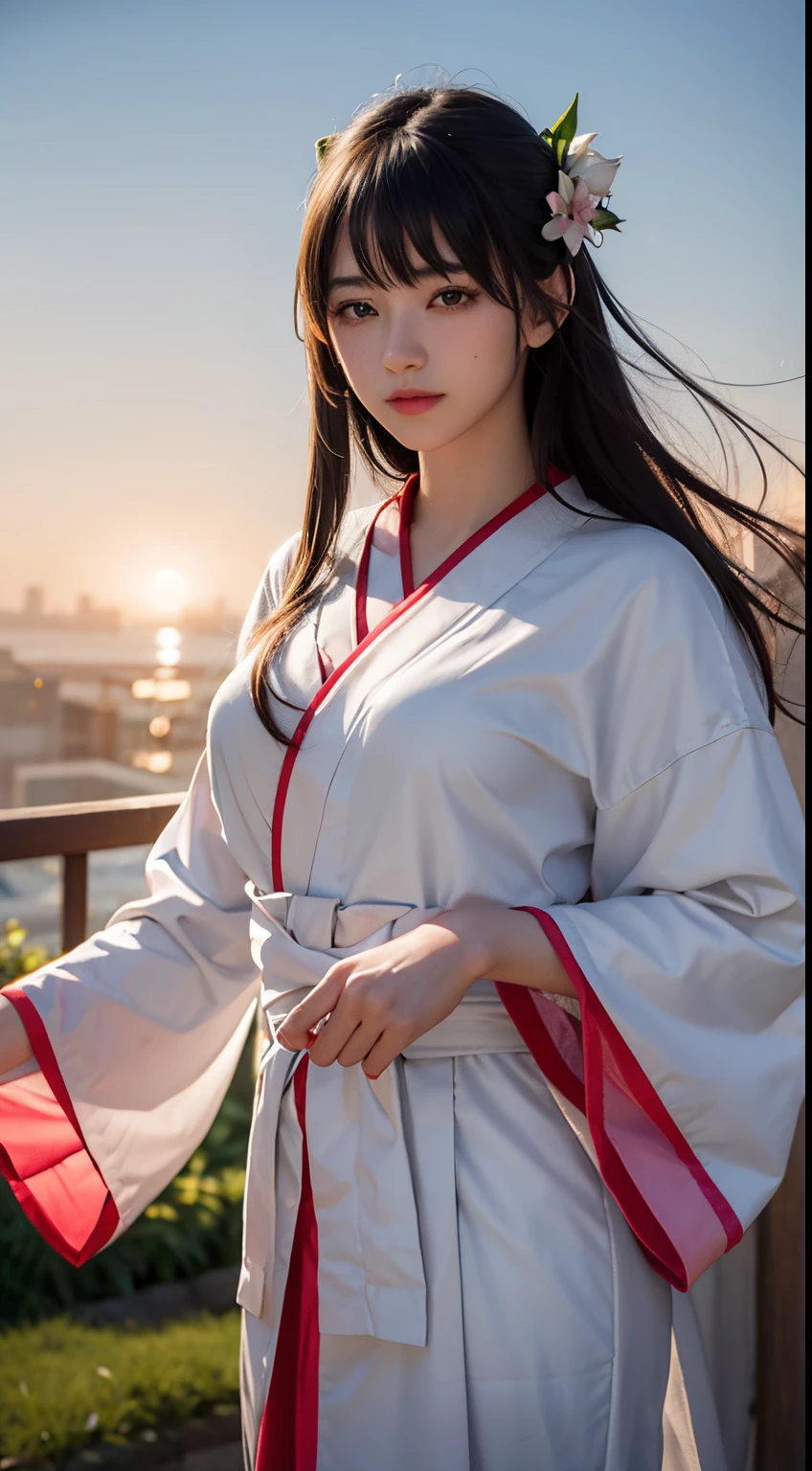 (A logo、masterpiece、8K、masutepiece、Raw photo、Fantastic、Best Quality、Photorealistic and highly detailed CG integrated 8K wallpaper、hightquality、ighly detailed、epic poem、Particle effect、Dynamic effects、depth of fields、Cinematic Light、Lens Flare、Ray tracing)、Fantasia、 (1 beautiful woman in a white coat、robe blanche、Japanese dress、A dark-haired、Beautiful face、Real Face、beautiful details eyes beautiful skin)、Hair flutters in the wind、Hair jumps、Pink cherry blossom tree、Petals flutter、Sakura blizzard、Superb view、morning glow、Sun in the background、the wind、Deities、tusk、myth、Vast Land、