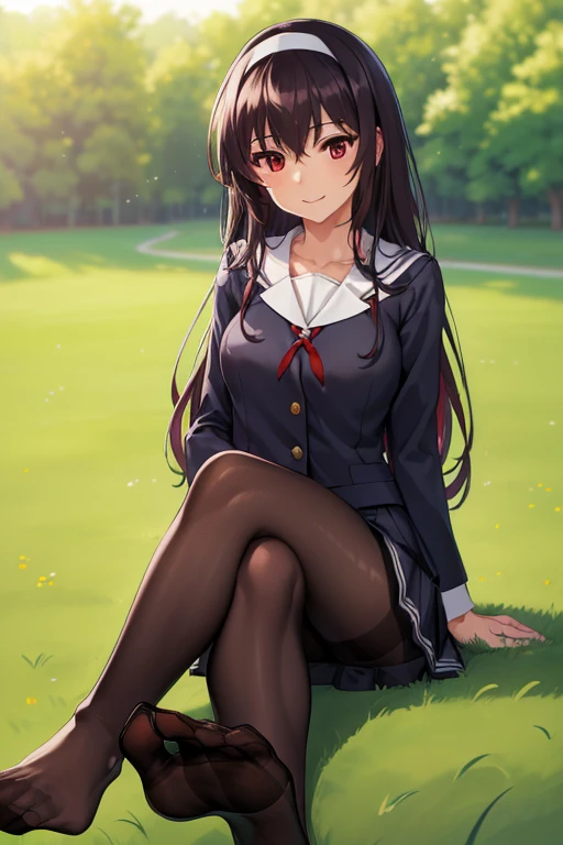 best quality, high resolution, unity 8k wallpaper, (illustration:0.8), (beautiful detailed eyes:1.6), extremely detailed face, perfect lighting, extremely detailed CG, (perfect hands, perfect anatomy), kasumigaokautaha, ((full body)), ((full pose)), ((slim body)), ((perfect body)), ((slim legs)), utaha kasumigaoka, black hair, hairband, long hair, (red eyes:1.5), masterpiece, best quality, highres, kasumigaoka utaha, 1girl, solo, ((sitting on grass:1.4)), ((crossed legs:1.5)), medium breasts, blushing, black hair, hairband, red eyes, ((white hairband:1.4)), bangs, medium breasts, blushing, ((happy face:1.4)), cowboy shot, ((looking at viever)), long sleeves, school uniform, skirt, ((black pantyhose:1.4)), ((presenting feet:1.5)), park background, ((Show feets)), ((sunny day:1.4)), sky from bellow, point of view from down, watching from bellow,