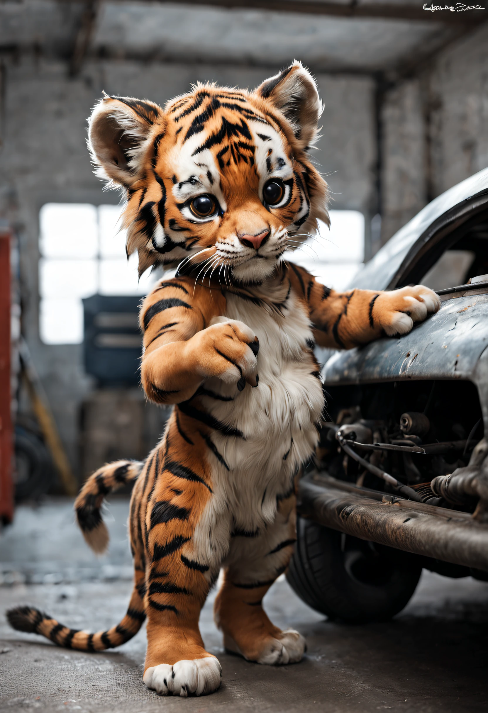 tiger mignon, comment repair a vehicle, le capot ouvert, dans un garage