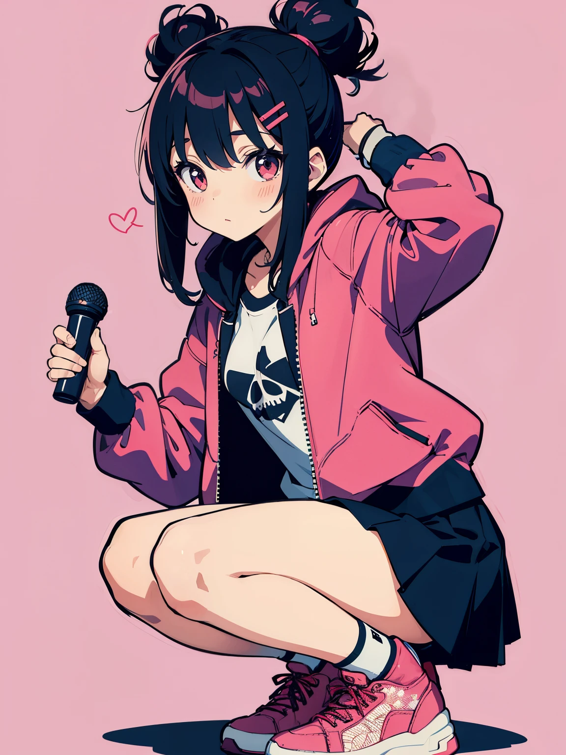 High-resolution digital art of a female character with a modern urban style BREAK A front-facing angle with a slight low perspective, emphasizing the character's footwear and outfit BREAK The character is a young girl with dark hair, adorned with red hair clips, wearing a puffy bomber jacket over a patterned hoodie, a pleated skirt, and high-top sneakers BREAK An abstract, vibrant graffiti background in predominantly pink and black with elements like skulls, speech bubbles, and geometric shapes.