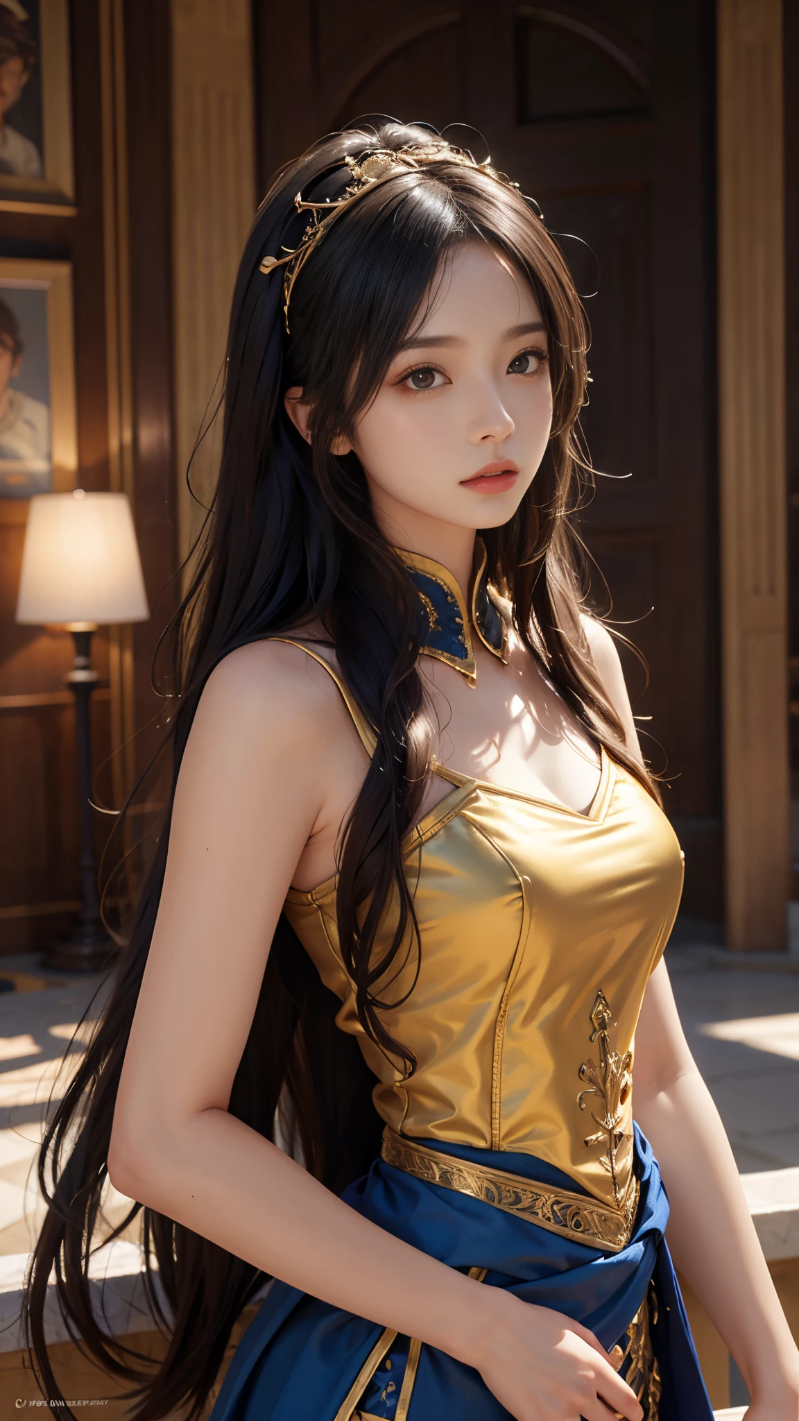 model shoot, (1 girl), long hair, Islamic warrior, golden outfit, laces, shining:1.5, hyper realistic, super detailed, Dynamic shot, masterpiece, scene sharp détails, perfect eyes, perfect skin, perfect hands, attractive poses,