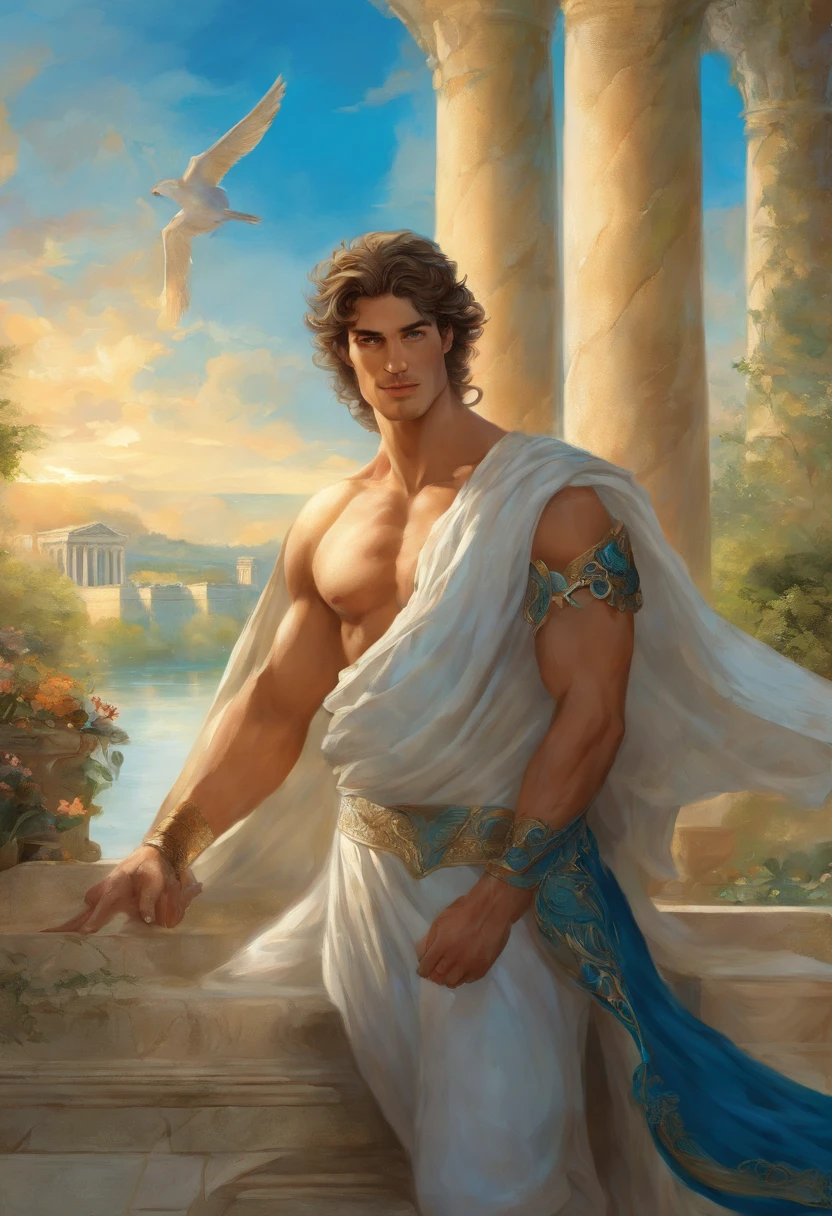 ((Strong, handsome man)), ((with a peacock on a Greek column))), with a necklace,((blue eyes)), ((Long Hair)), muscular hero,
attractive, half shot of a hunky, handsome prince, heroic male pose, sexy male, handsome male, muscular male,
((wearing Victorian Era suit)),:: very high detail, strong masculine features, masculine and strong, handsome impressive realistic,
beautiful body, ((in the background garden of Versailles, in France)), Launch of the 35mm lens, God of the Sea, God of the Ocean,
Luthien, god art, God of Greek mythology, God of the Moon, God of love and peace, beautiful god,
Mythology of the Earth God, the god Eros, A Stunning Portrait of a God, Frank Kelly Freas, Karol Bak Style,
((gorgeous face)), ultra definition, better quality, 32k ultra, Ultra HD, higher contrast,
Warm and vibrant colors, Inspired by French victória, Gothic beauty