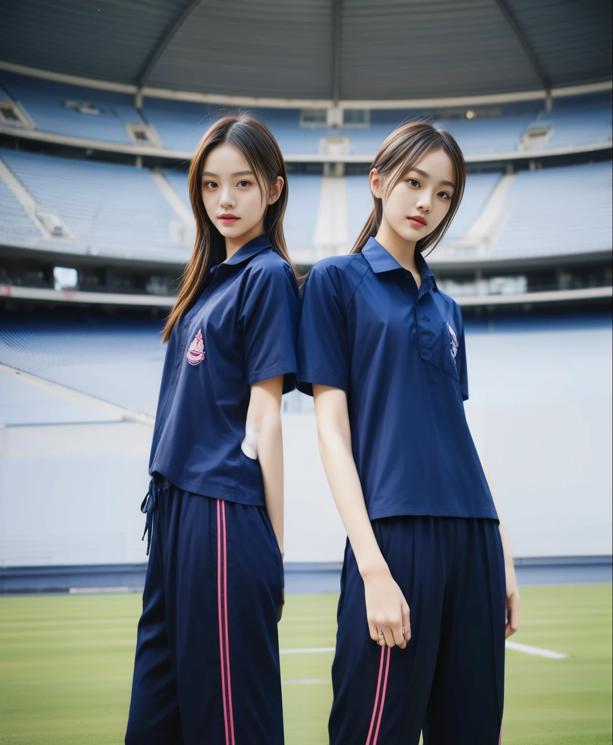 (bestquality,10,10,highres,masterpiece:1.2),ultra-detail,(Realistic,photorealistic portrait,photo-realistic:1.37),1 Cute girl in the football field,oily shiny skin,bara,light smile,BDclothelue shirt:1.3)),short sleeves,shirt, trousers.,(navy_long_Pants Track:1.1), ((Stadium Background:1.3)),dynamic angle,excited,face focus,Dynamic Poses,from behide,Ass Focus,masterpiece, bestquality, ultra realistic, hyper-detail, 8k resolution, RAW photo, crisp focus, ((Navy blue shirt:1.1)), short sleeves, Long Path, Perfect body, 2 mature women, 18yo, cinematic light,Blue sweatpants,Gymware,Correct anatomy,Complete body, Correct body, sharp face, Anatomically correct body, full entire body, Realistic gestures, long-haired, Realistic poses,Wear long shorts.................................,Long leg span,Shapely,Sculpting Girl, Slender Figure, mannequin mannequins, Shapely, Beautiful body,Blue sweatpants, Two girls kissing