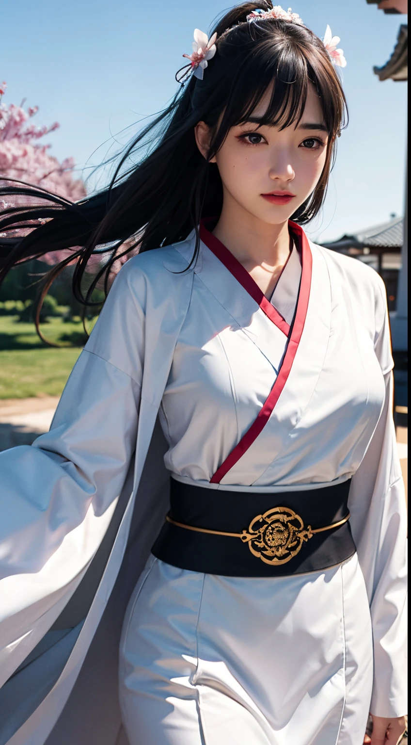 (A logo、masterpiece、8K、masutepiece、Raw photo、Fantastic、Best Quality、Photorealistic and highly detailed CG integrated 8K wallpaper、hightquality、ighly detailed、epic poem、Particle effect、Dynamic effects、depth of fields、Cinematic Light、Lens Flare、Ray tracing)、Fantasia、 (1 beautiful woman in a white coat、robe blanche、Japanese dress、A dark-haired、Beautiful face、Real Face、beautiful details eyes beautiful skin)、Hair flutters in the wind、Hair jumps、Pink cherry blossom tree、Petals flutter、Sakura blizzard、Superb view、morning glow、Sun in the background、the wind、Deities、tusk、myth、Vast Land、