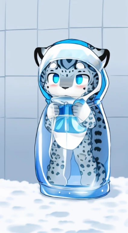 A male snow leopard cub  wrapped in a transparent bag，Only the head  outside the transparent bag