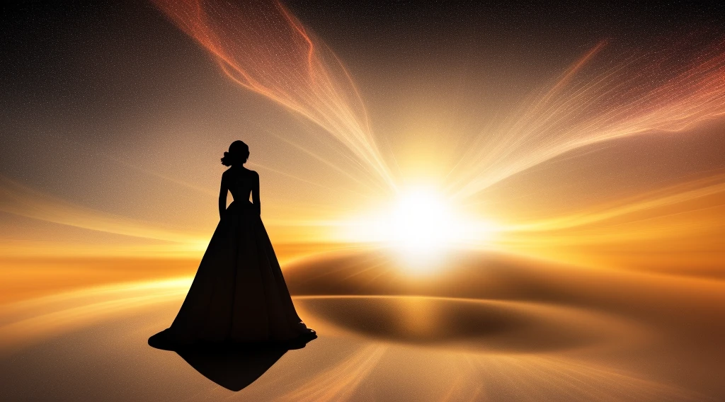 Woman's silhouette portrait with mystic magicenergy with fireballs around her in white dress on white canvas aura