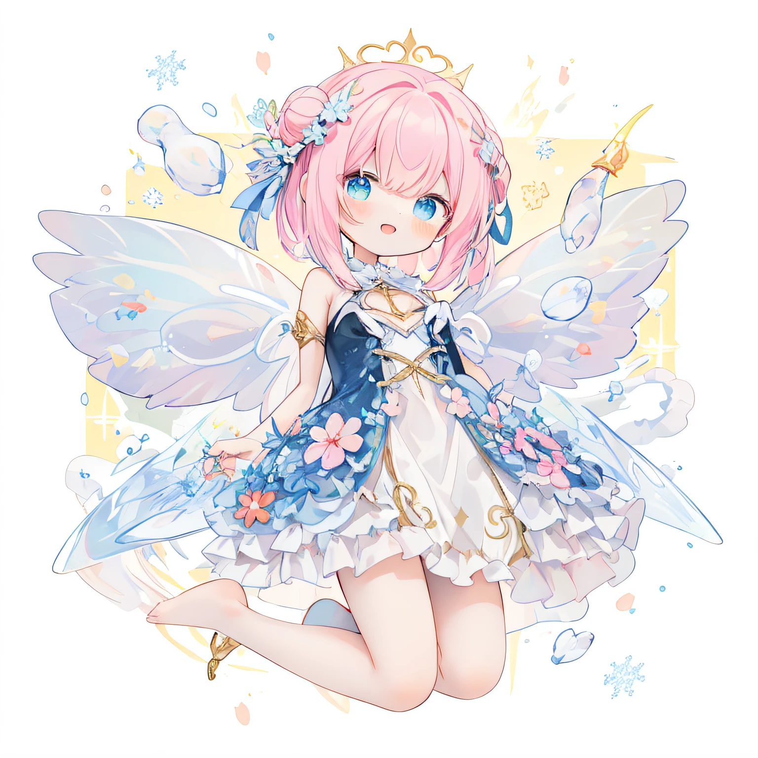 (PastelColors:1.3)、(Cute illustration:1.3)、(watercolor paiting:1.1)、(Wearing large transparent fairy wings with polka dots。。。。。。。。。。。。。。：1.3),Falling from the sky,Head down, feet up, Blue haired girl,improve,ultra wide-angle  ,Detailed background、Smile with open mouth、Beautifully detailed、Moya、colourfull、marble、Particles of light、Pattern ROM side、Shirayuki Noel、Snowflake、
Detailed drawing、Vibrant colors、striking contrast、intricate detailes、Delicate depiction、Luminescent、full body Esbian、From the side、Beautiful facial features、appropriate color eyes、Wearing intricate and delicate ornaments、glowing aura、Radiant hair,Illuminated by the morning light、Summer wreaths、Pale yellow background、Fairy with a bouquet of flowers Fairy、A pink-haired、Bun head、jumpping、levitation、Thick wool gown:0.4