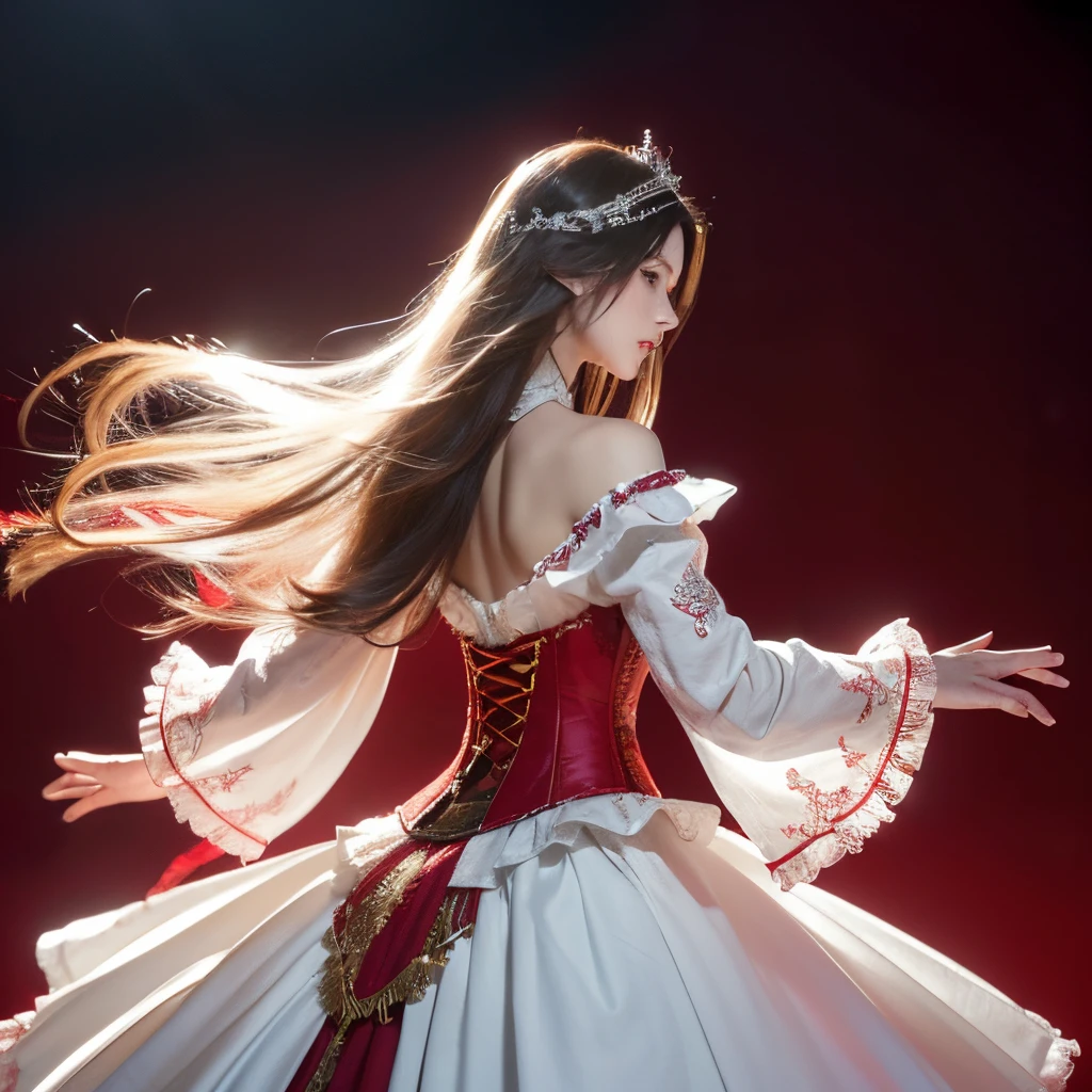 ((extremely detaild的 CG unified 8k wallpapers)), tmasterpiece, ultra - detailed, floating, A high resolution, ?????? suggestiveness, (small, Ridiculously long white hair, A princess, White magician, eBlue eyes, (Gorgeous long white and red tiered maxi dress，Long separate wide sleeves and intricate embroidery), wedding veil, cirque, bridalgauntlets, Be red in the face, the shy, Hunched back, Ruffled petticoat, ornate corset,