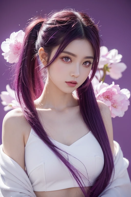 ((tmasterpiece, Best quality)), (negative space: 1.2), (1 girl, Alone: 1.4), petals, a pink eyes, dragon girl, long, Purple colored hair, high ponytails, liquid hair, blossom flower, loong background