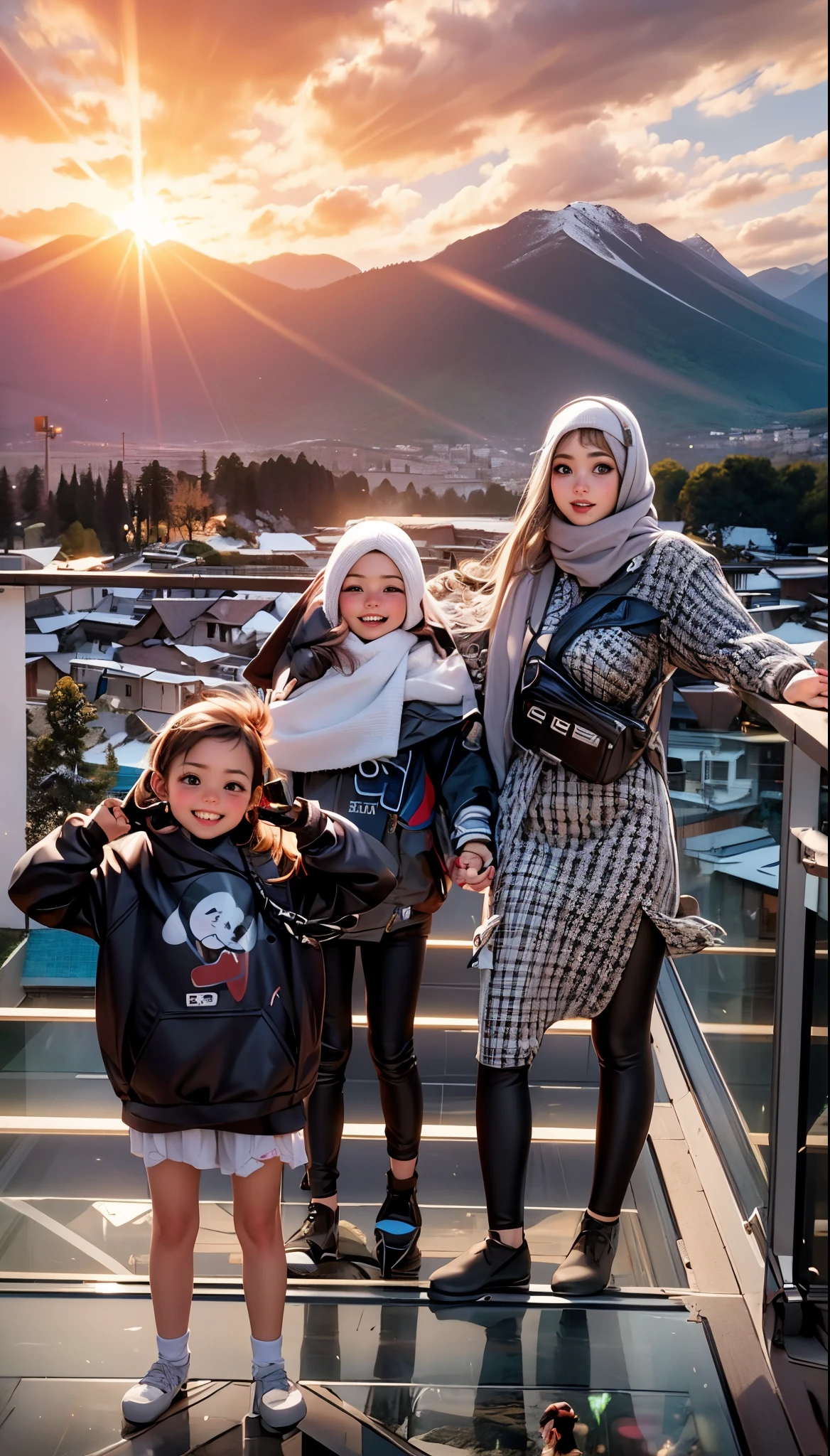 Detail face, Detail, realistic, 3D,8k,there are two women and a girl standing on a glass walkway, moutain in background, with mountains in the background, garis edelweiss, on rooftop, comming, connected with hanging bridge!!, ???, taken with sony alpha 9, in mountains, with mountains in background, happy family, scenary, during sunrise, with a kid, with village