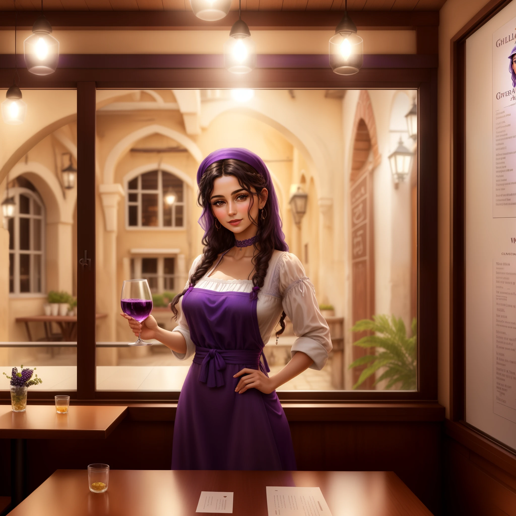 a poster of attractive gypsy girl selling grape juice from a mediterranean house window ,a cartoon of a girl holding a glass of grape juice in front of a menu, restaurant menu photo, , restaurant, cuisine, the greek god of wine, screencapture, illustration, standing in a restaurant, drawn image, serving suggestion, !!posing_as_last_supper, entertaining, violet colored theme,