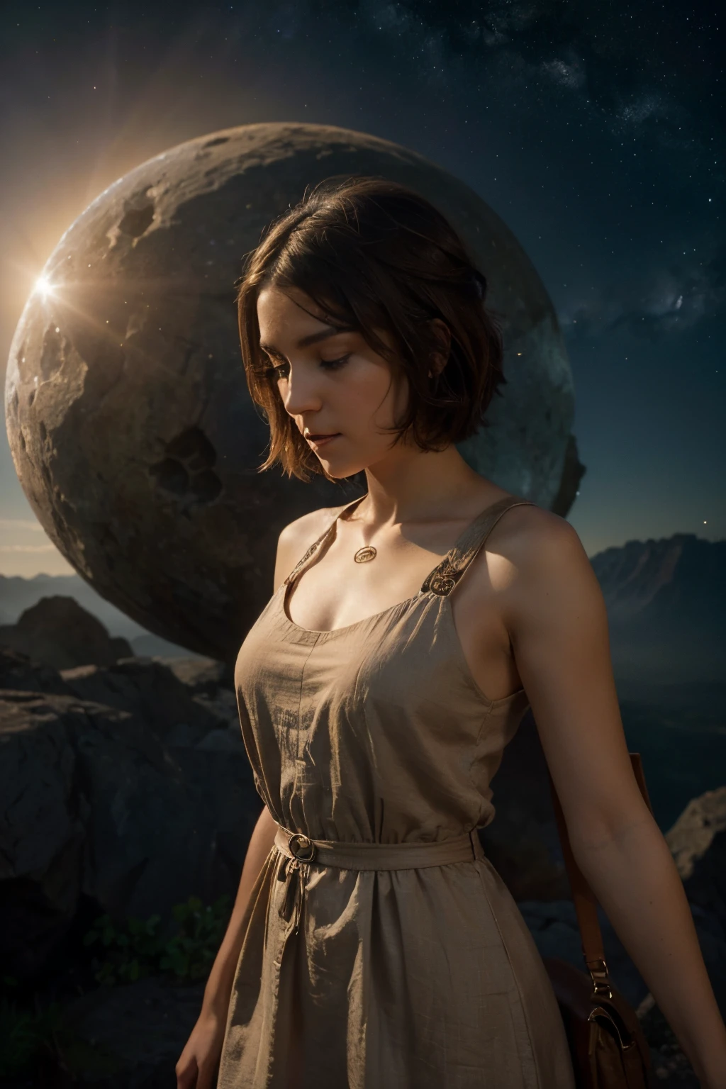 high quality image, featuring a cute girl with short brown hair wearing a short brown sleeveless sack dress looking at the camera in a mystical and celestial setting. Explore advanced levels of detail to highlight the divine beauty of the goddess and add cinematic elements to create an epic and engaging atmosphere. Draw inspiration from mythological universes and magical elements, ensuring that the image conveys a sense of power, mystery, and enchantment.