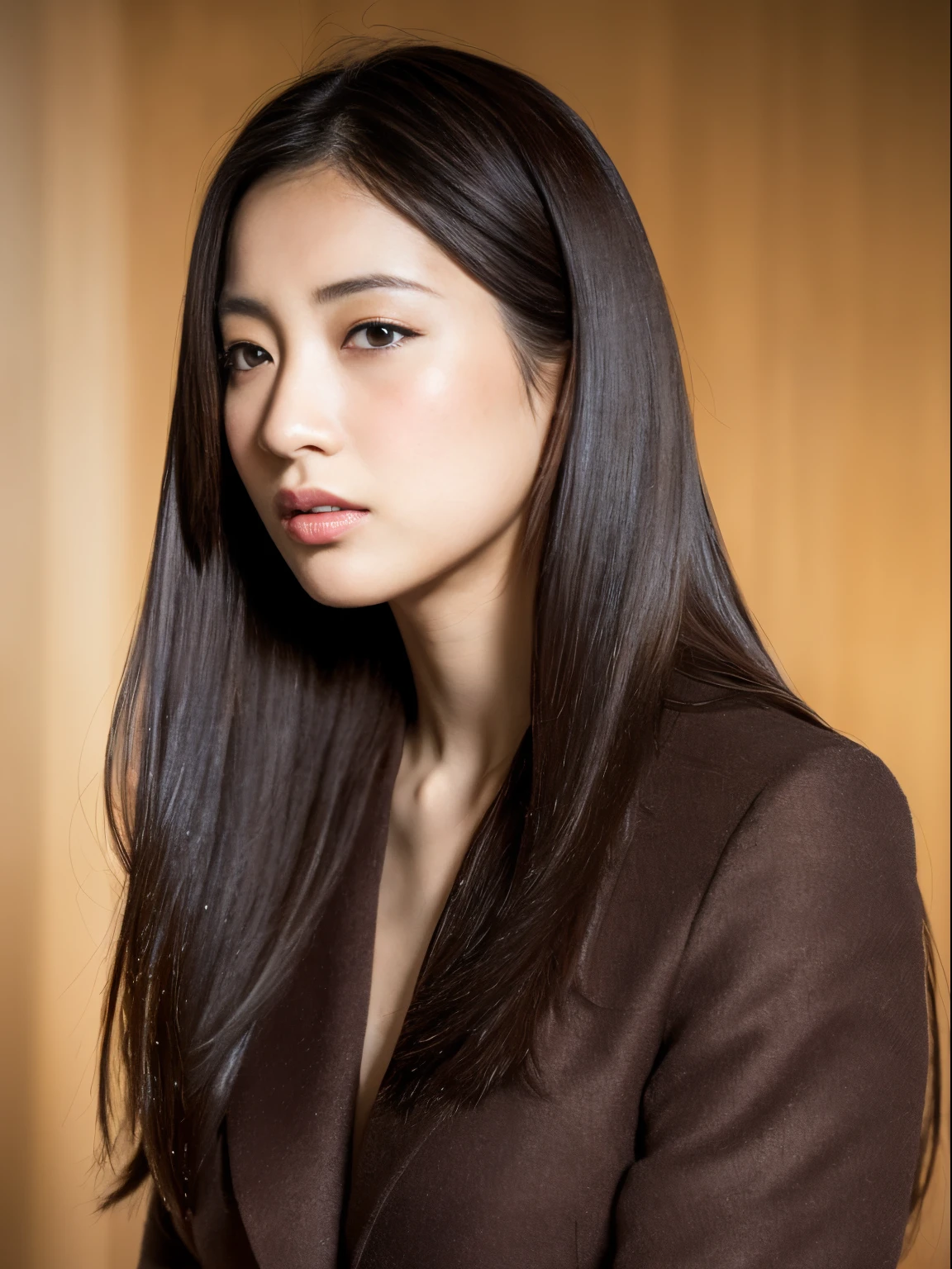 ((of the highest quality, 8K, masutepiece: 1.3)), Women (Full body portrait, black suits, office backdrop), black suit in the background, Overhead camera, Sharp Focus: 1.2, Cute Woman: 1.4, ((Long hair, Floating hair)), Highly detailed face and skin and hair texture, wet texture hair, Detailed eyes, Double eyelids, White skin, Beautiful legs, beautiful delicate nose, Cute young Japan woman, 28 years old, With dynamic angles, The muted tones and contrasting combinations of light and shadow create a melancholy feeling.。, While emphasizing the subject's hair, Eyes, Mouth and behavior, pleasing to the eyes、It's a thought-provoking composition..