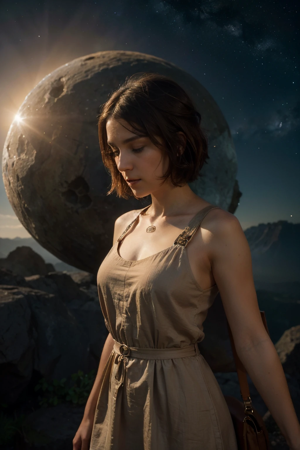 high quality image, featuring a cute girl with short brown hair wearing a short brown sleeveless sack dress looking at the camera in a mystical and celestial setting. Explore advanced levels of detail to highlight the divine beauty of the goddess and add cinematic elements to create an epic and engaging atmosphere. Draw inspiration from mythological universes and magical elements, ensuring that the image conveys a sense of power, mystery, and enchantment.