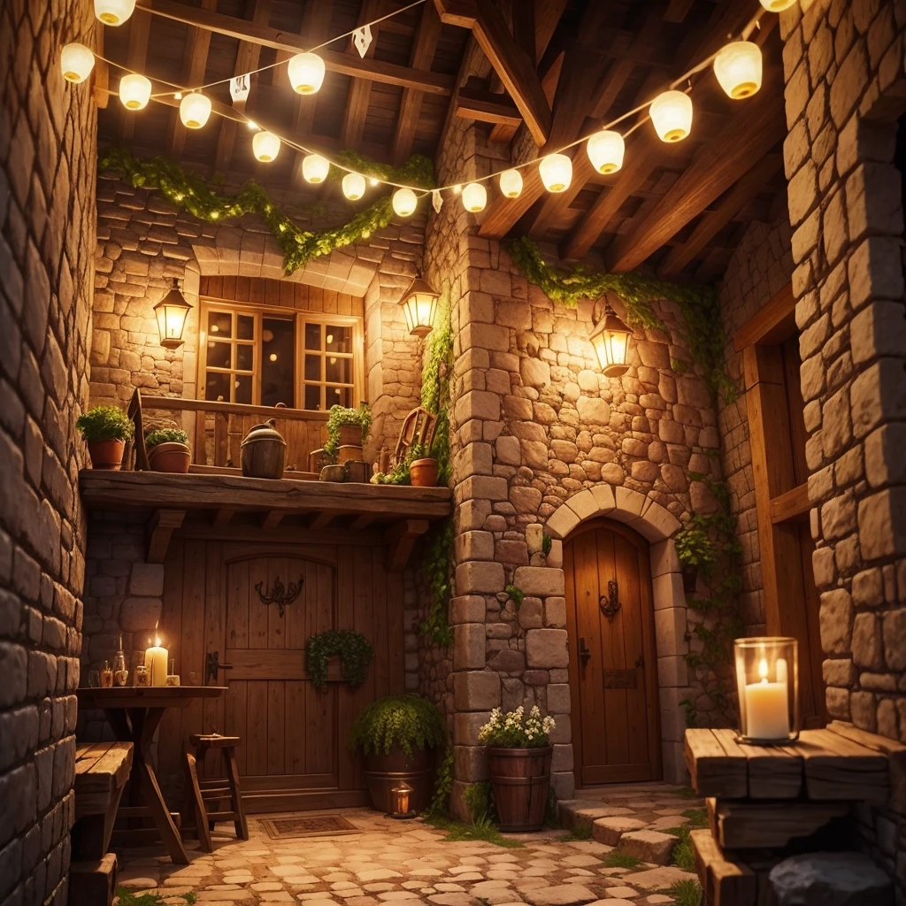 Uma taverna medieval com mesa, canecas de cervejas, candle lighting,  rustic stone wall