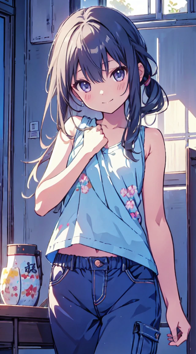 masutepiece, Best Quality,Illustration, Wallpaper, ultra -detail, 1little girl、♡、Futomo、Poses in motion、soft smiling、Summer scenery、Tank Tops、shortpants